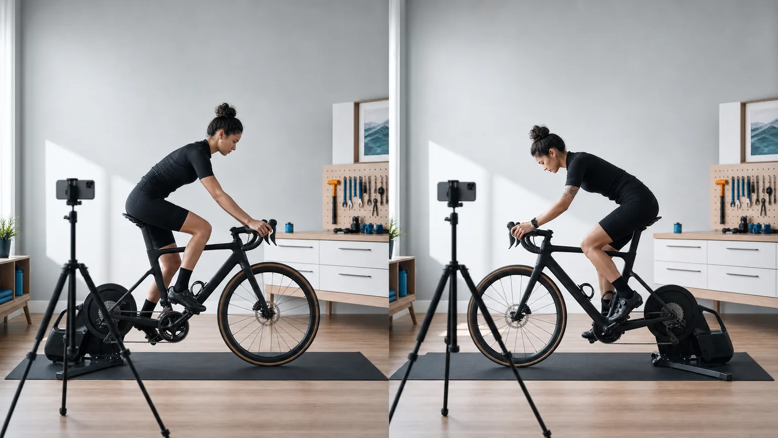 Two controlled side-view recordings of the same rider and bike in a bright workshop