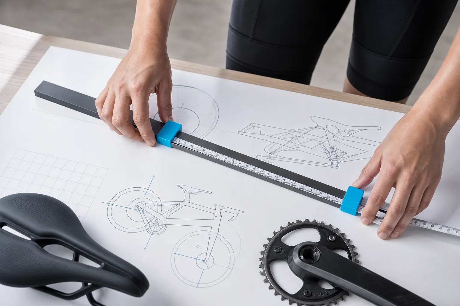 Hands aligning a precision gauge on a bicycle geometry plan.