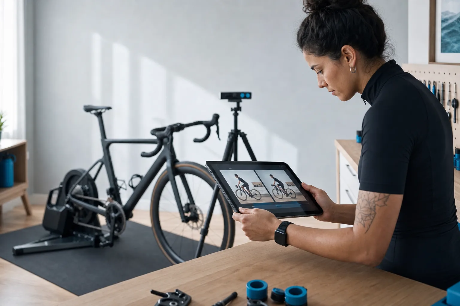 Two recorded cyclist positions compared side by side on a tablet.