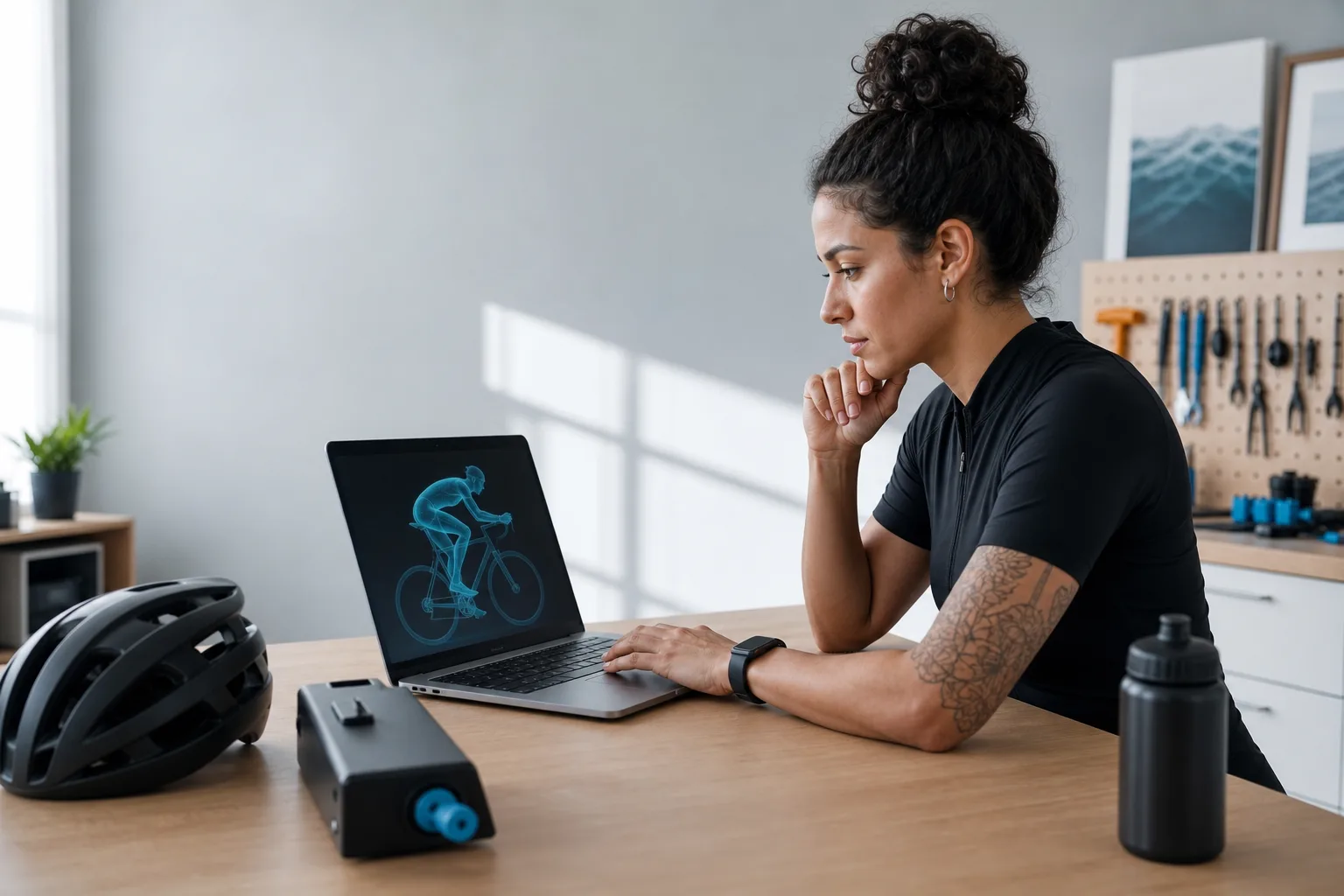Cyclist reviewing a bike-fit demonstration on a laptop beside the trainer.