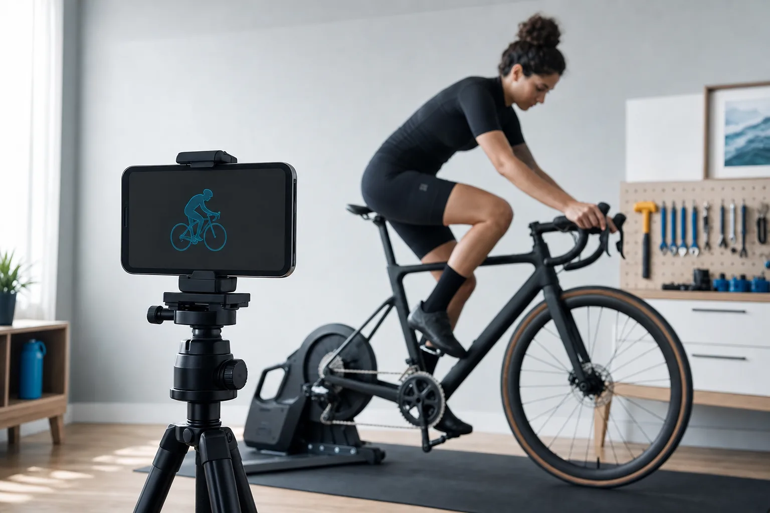 Cyclist recorded by a phone while pedalling on an indoor trainer.