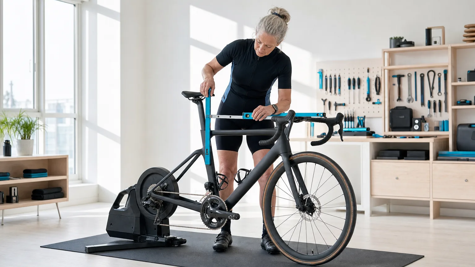 Older endurance cyclist records repeatable saddle and handlebar measurements on a road bike secured level on a trainer.