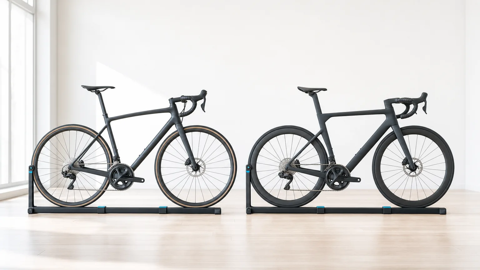 Two complete road bicycles with different proportions aligned on separate level stands.