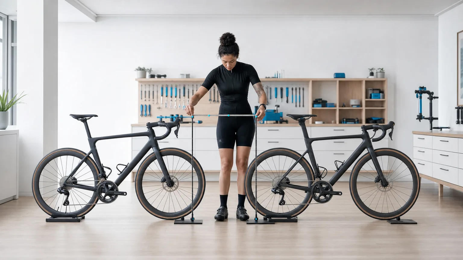 Two complete road bikes stand side by side while their physical contact-point heights are compared.