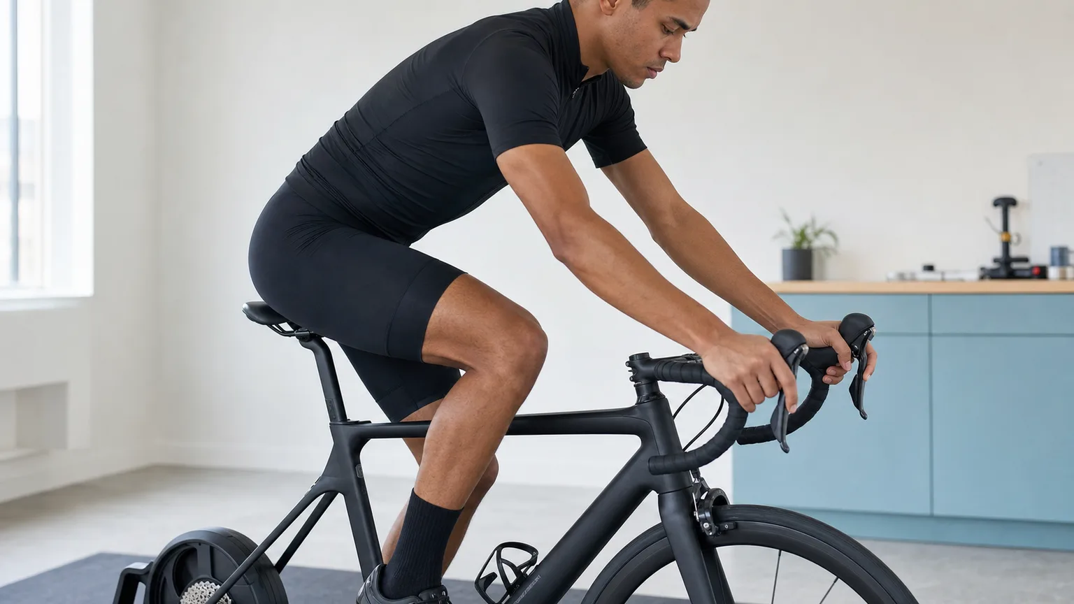 Cyclist rides an indoor trainer with relaxed elbows and both hands naturally supported on the brake hoods.