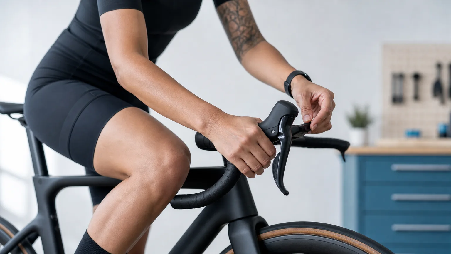 Close side view of a cyclist's hand, wrist and forearm resting naturally on a road-bike brake hood.