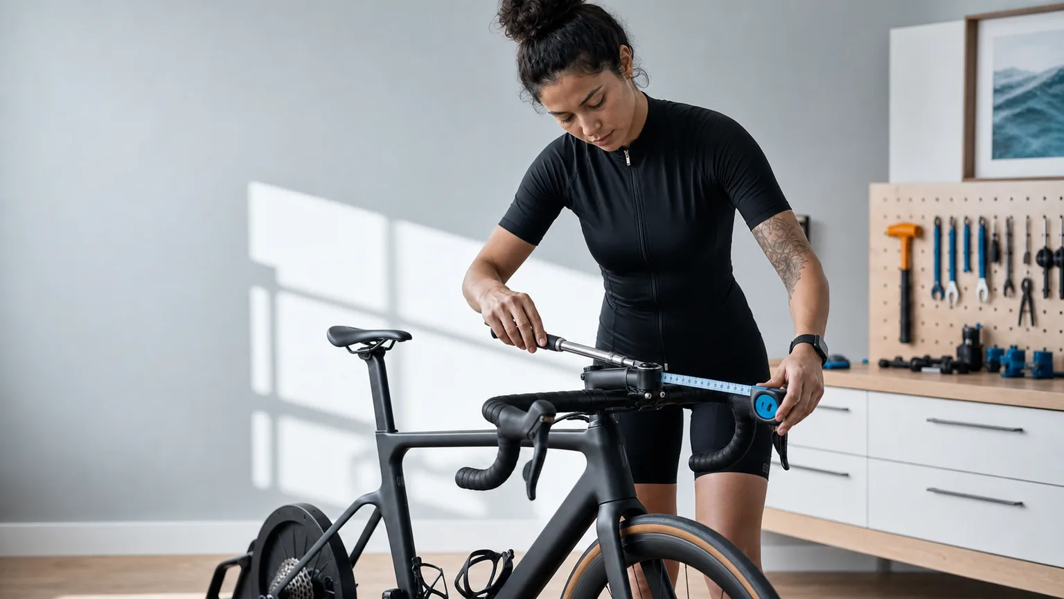 A cyclist measuring the reach of a performance road-bike cockpit