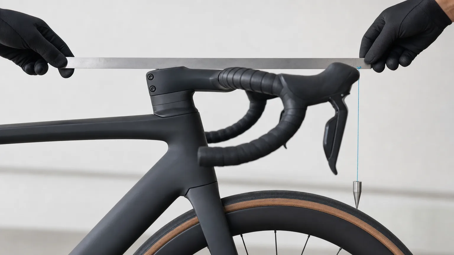 Road-bike cockpit measured from a horizontal straightedge and physical plumb line.