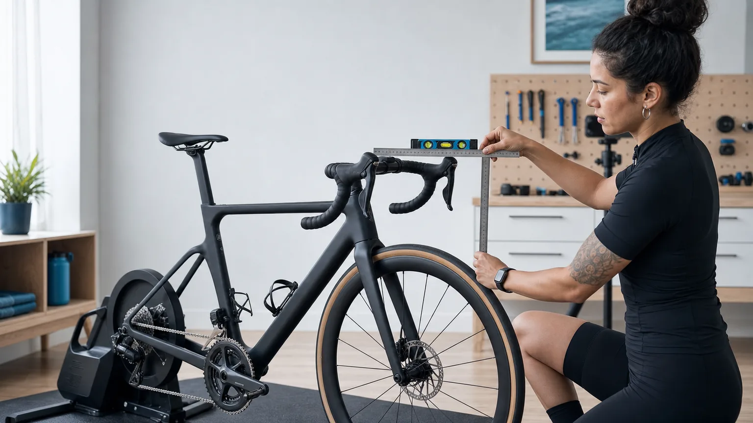 Cyclist measures handlebar reach and drop on a level matte black road bike with a square and spirit level.