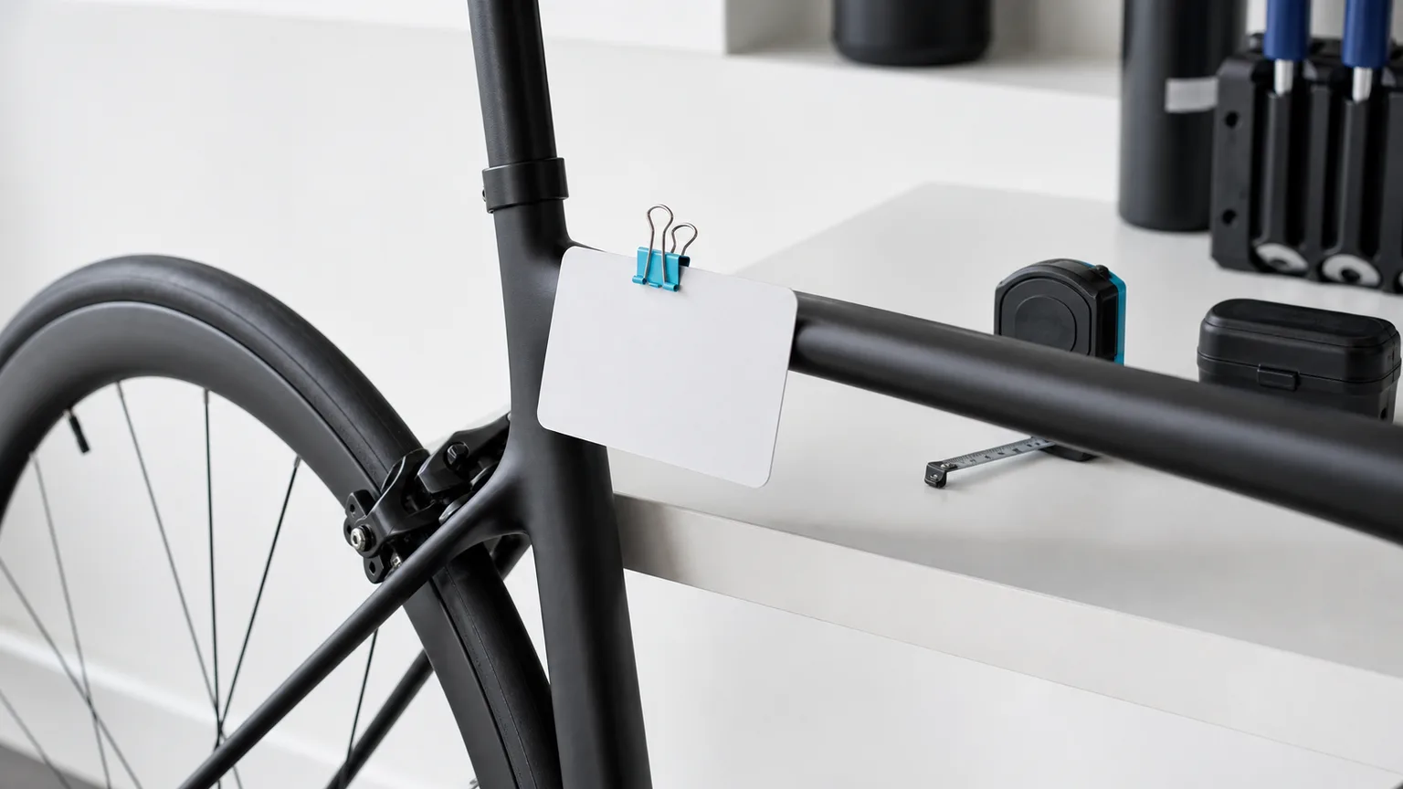 Blank local setup reference card clipped beside a measured matte black road bike.