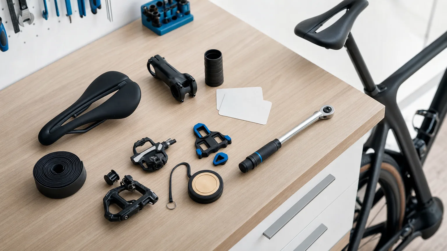 Saddle, stem, spacers, pedals, cleats and measuring tools are organized as one bicycle setup inventory on a pale wood bench.