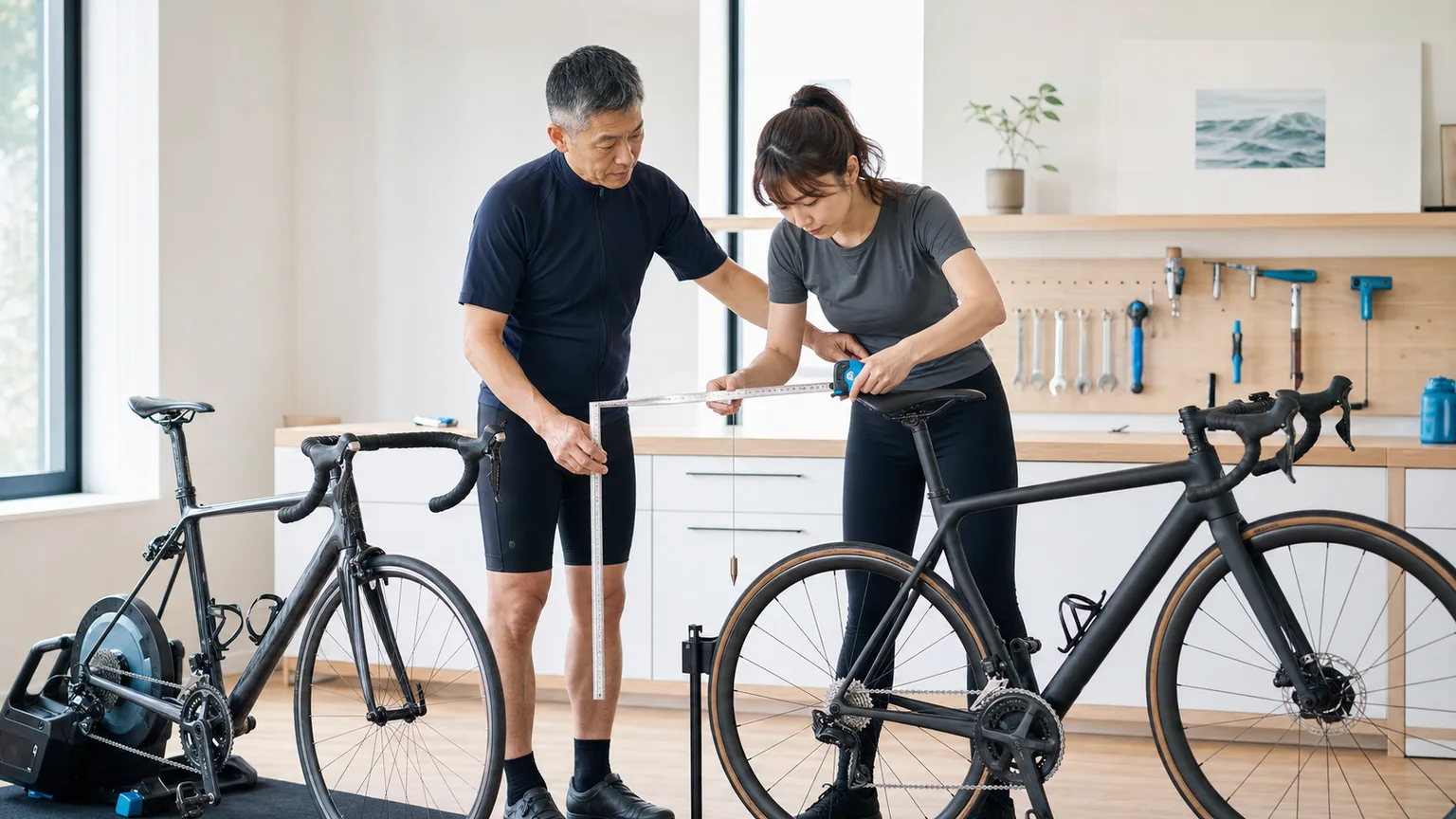 Cyclist and fitter transfer a measured contact-point reference between two different road bikes in a bright workshop.