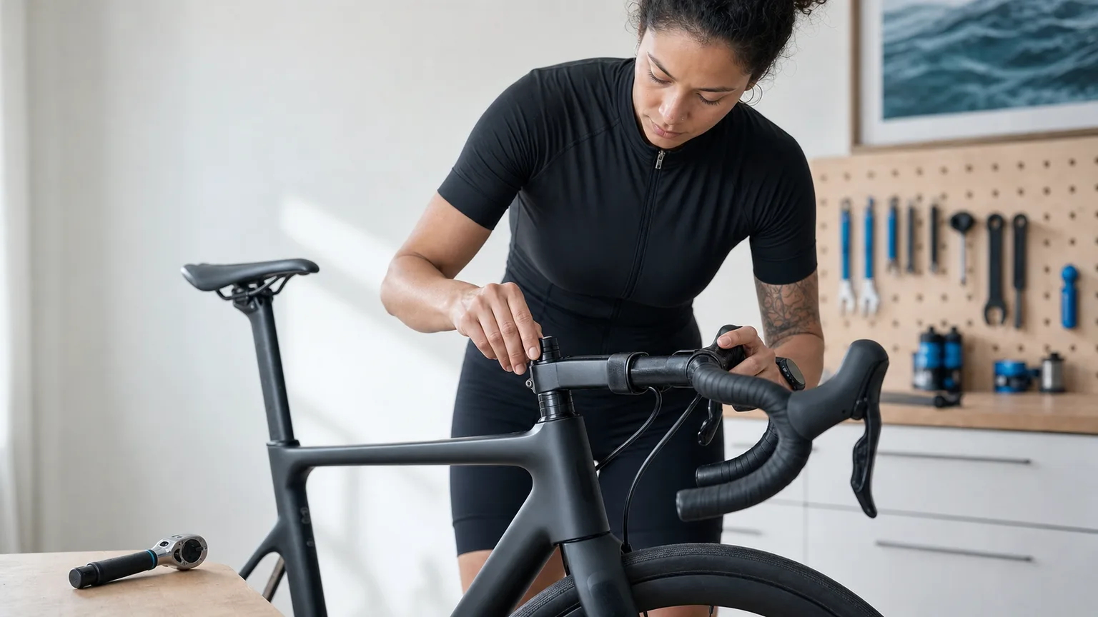 Cyclist counts the headset spacers beneath a matte black road-bike stem in a bright home workshop.