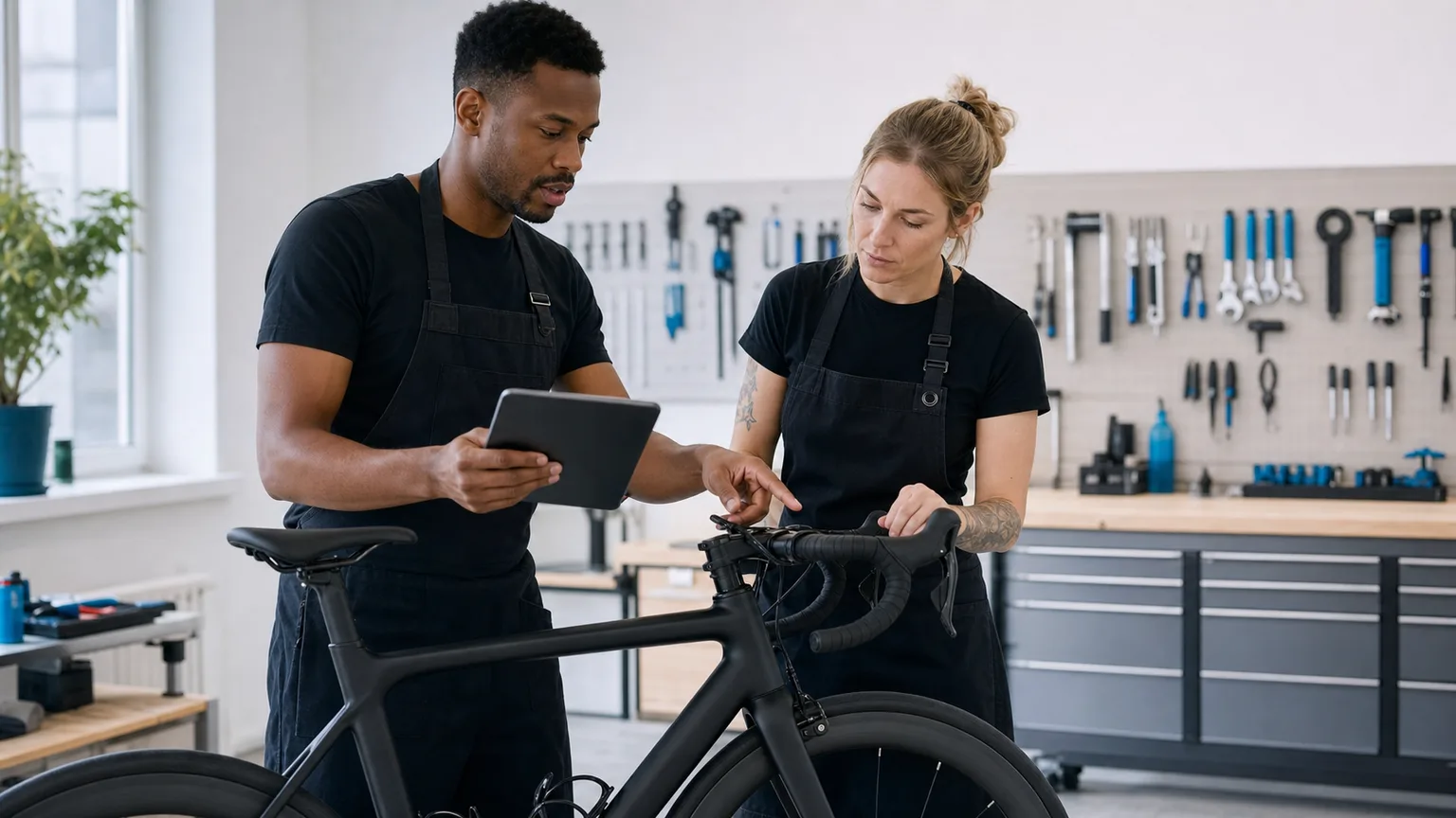 Bike fitter and mechanic review a road-bike cockpit together beside a blank local tablet in a bright workshop.