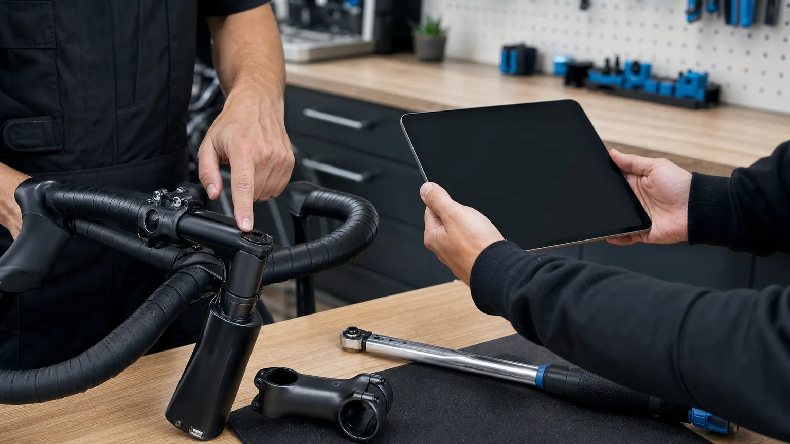 Mechanic hands reviewing a road-bike stem beside a blank tablet and torque wrench.