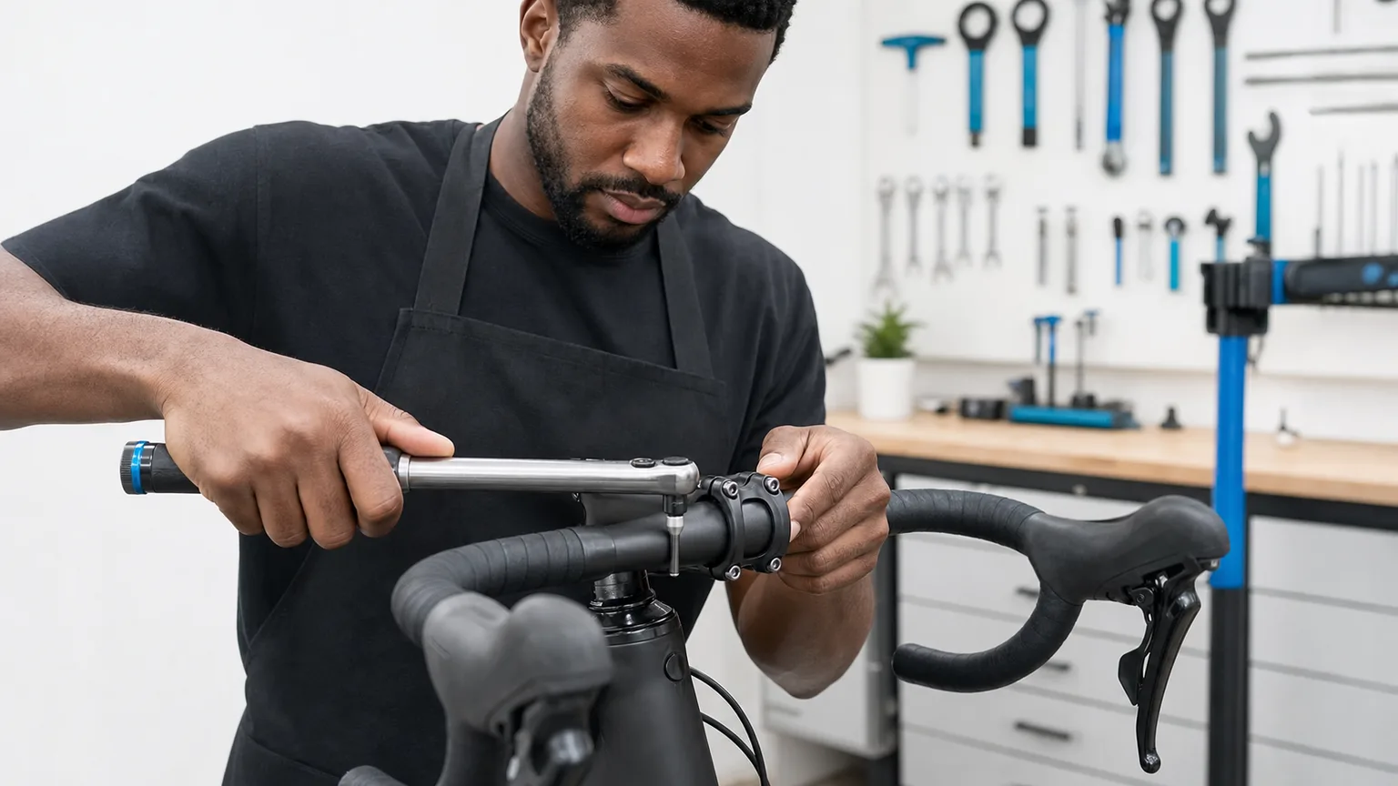Mechanic applies a calibrated torque wrench to the four-bolt faceplate of a matte black road-bike stem.