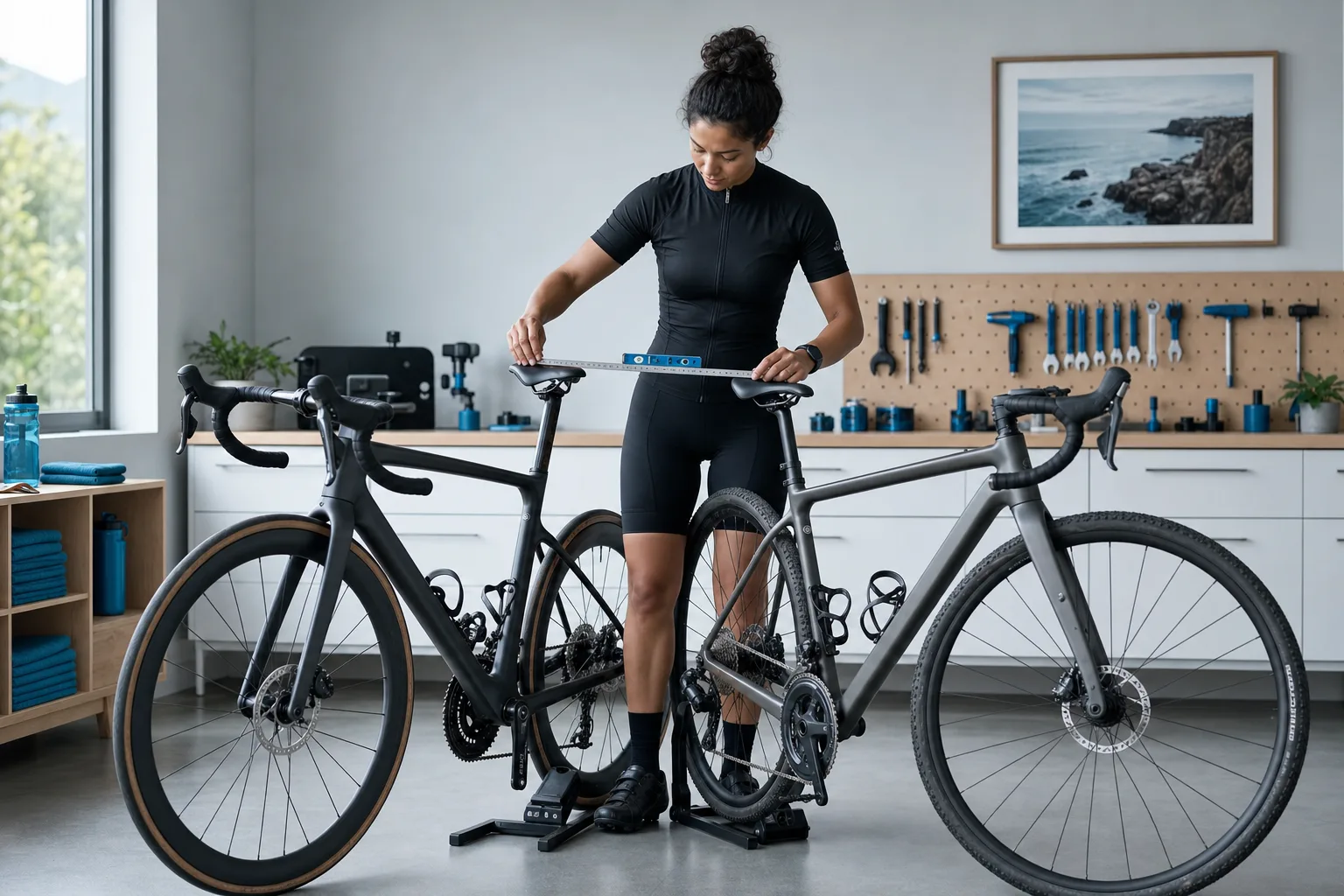 A cyclist compares saddle coordinates between a road bike and a gravel bike in a bright workshop