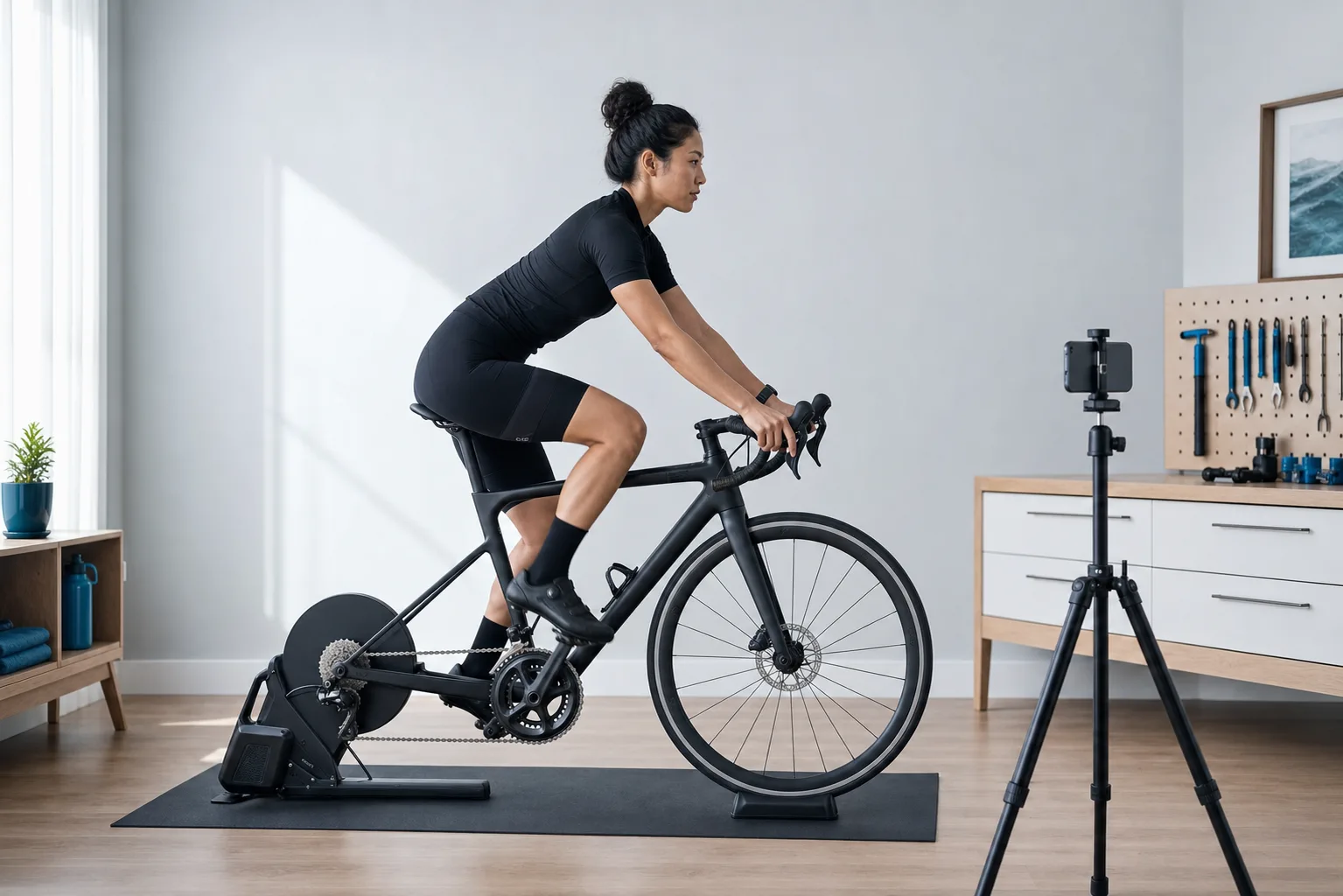 Full side-on cyclist and bicycle framed by a stable phone camera in a bright workshop.