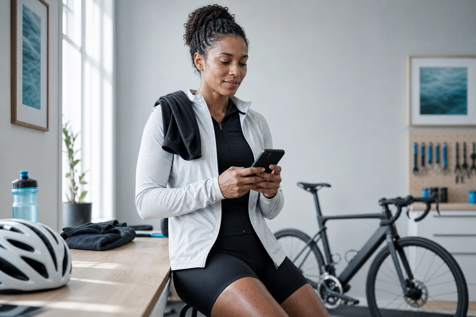A cyclist records a post-ride comfort check-in on her phone with her bicycle in the workshop behind her