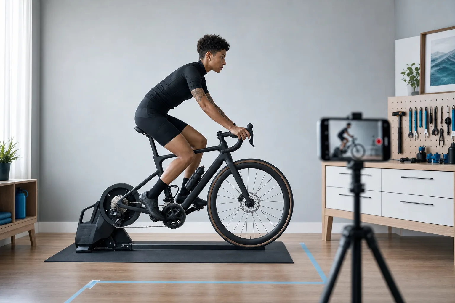 A cyclist rides side-on on a trainer while a stable phone camera records the live fit view