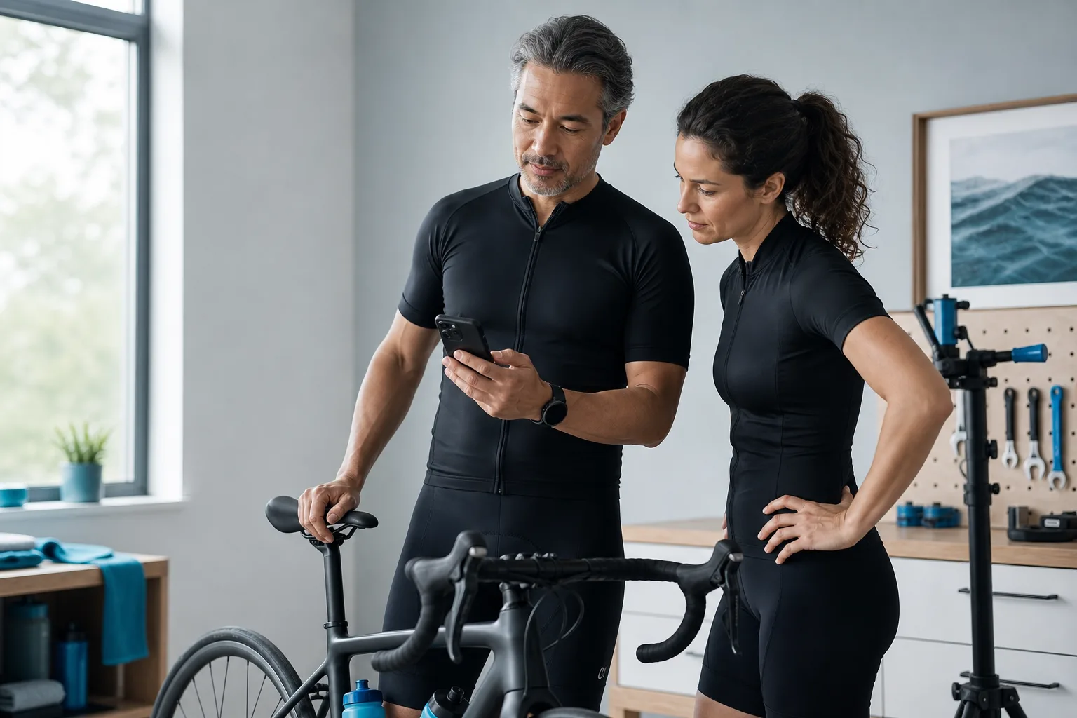 Two cyclists pause beside a road bike and calmly review a safety checklist on a phone