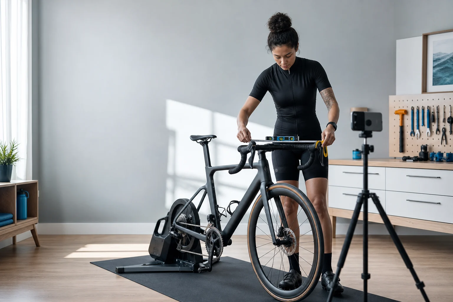 Cyclist measuring a road bicycle in a bright home workshop.