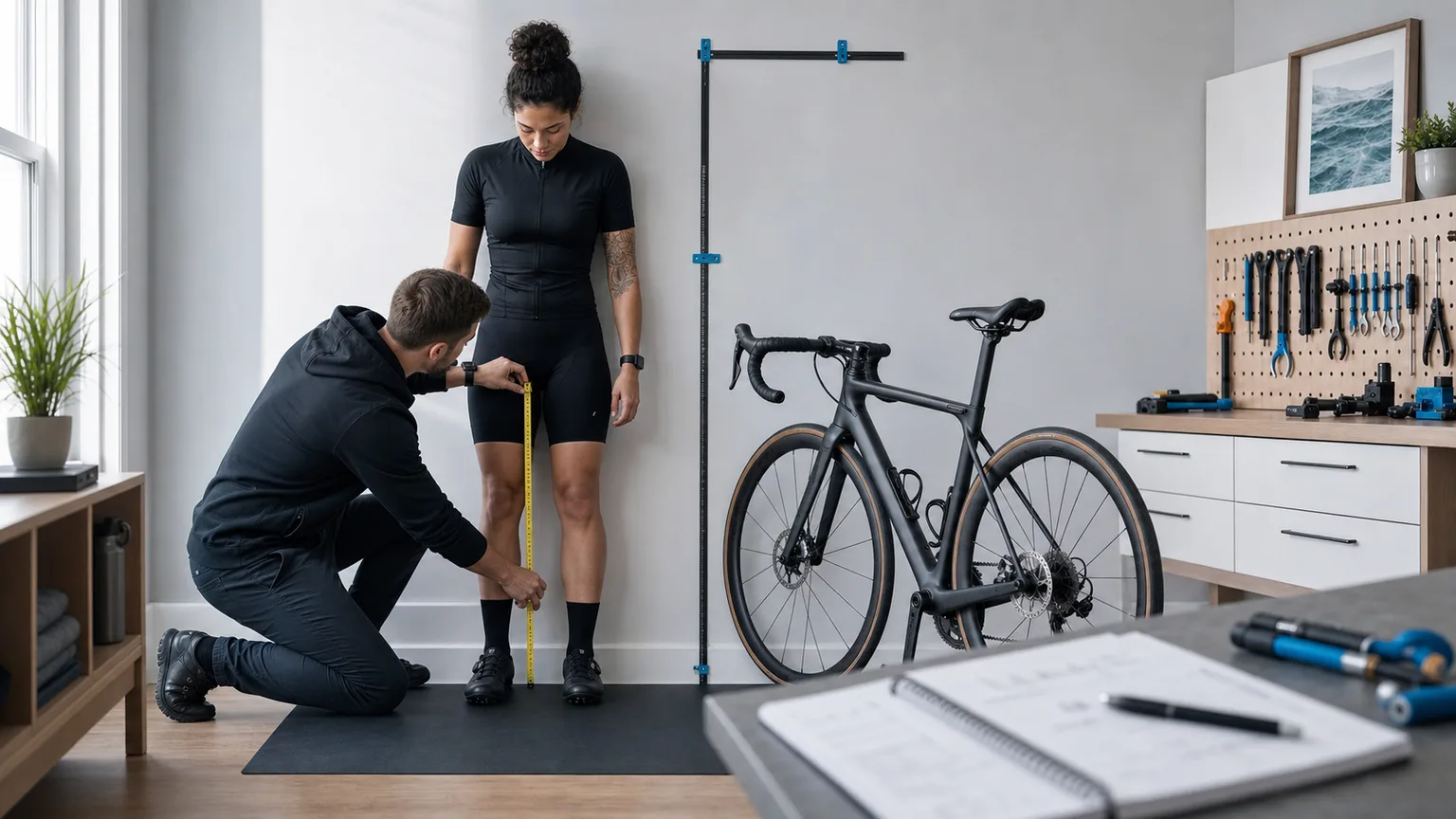 Cyclist and helper establishing body measurements beside the bike before building a complete fit plan.