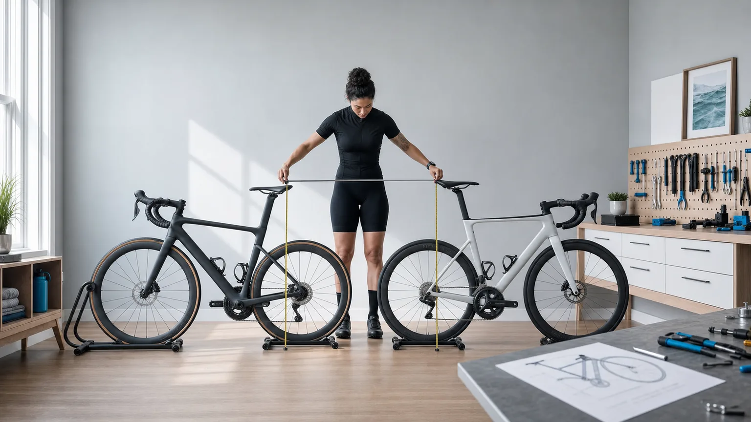 Two complete road bicycles aligned on level stands for a physical geometry comparison.