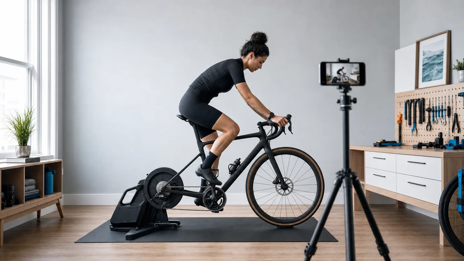 Full side-on rider and bicycle recorded by a stable phone while pedalling on a trainer.