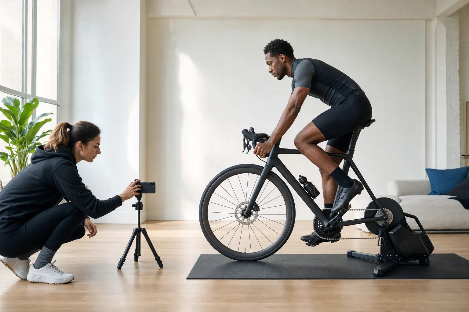 A cyclist recording a private at-home bike fitting session with a phone