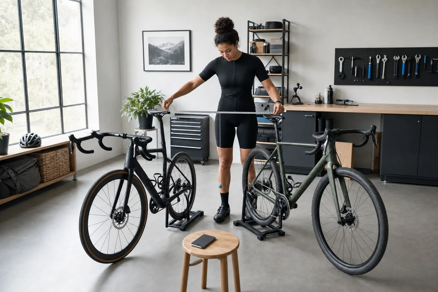 A rider comparing the measured setups of two bikes in a home workshop