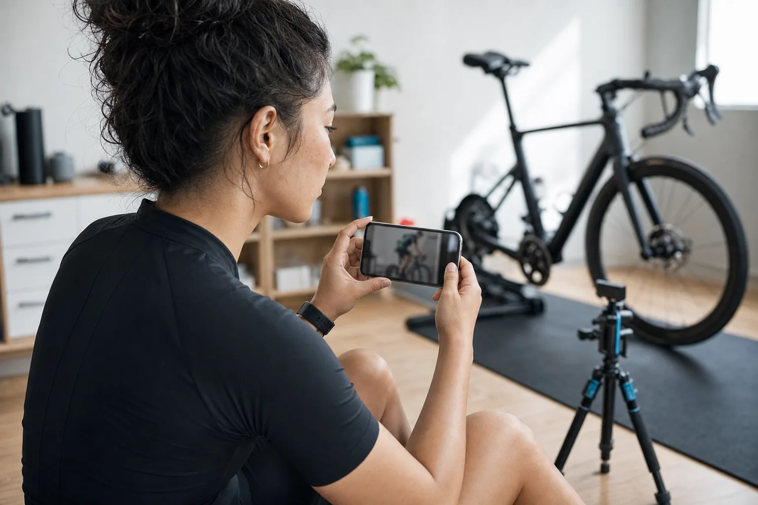 A cyclist reviewing riding-position footage on her own phone