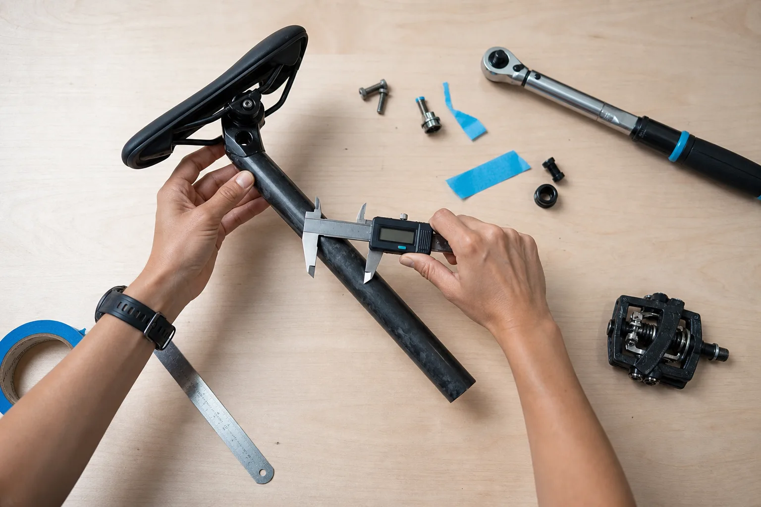 A precise seatpost measurement on a bright workshop bench