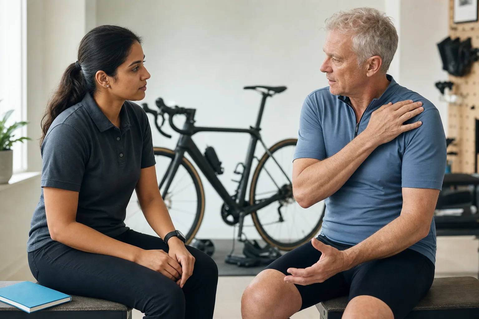 A cyclist speaking with a professional bike fitter before further assessment