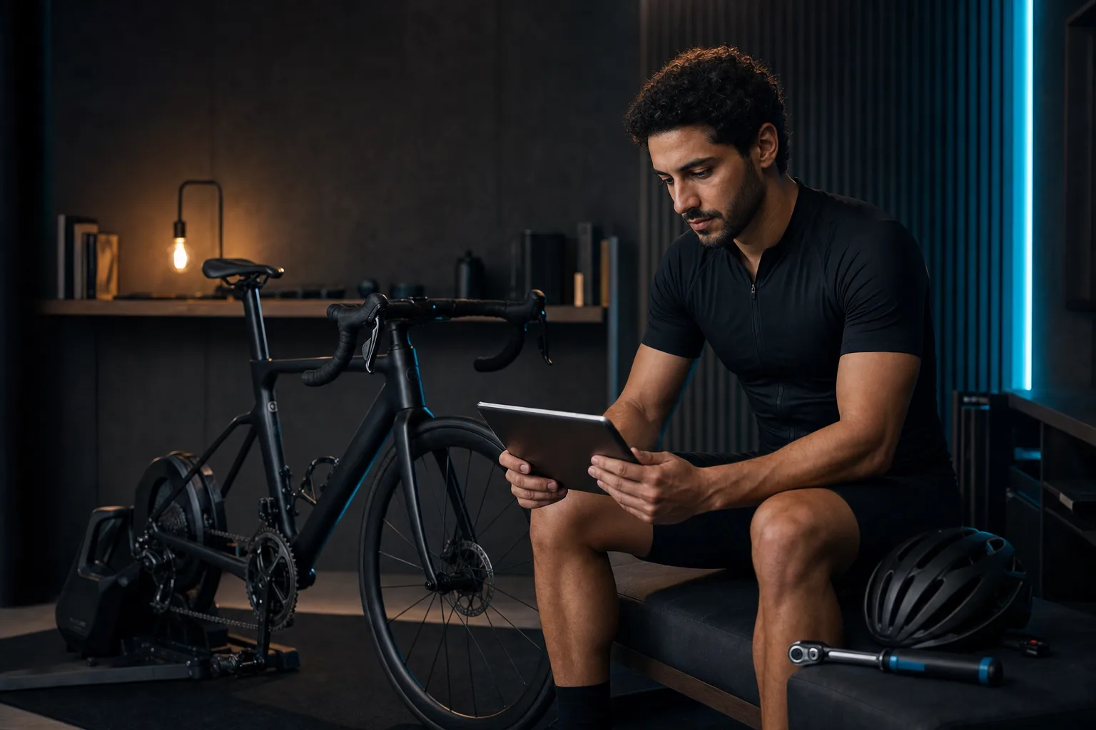 A rider reviewing a detailed bike-fit result on a tablet beside the measured bike