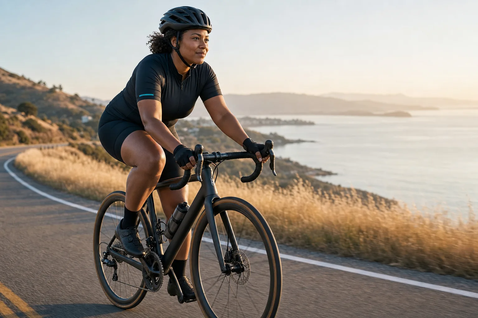 A cyclist riding comfortably on a quiet road in morning light