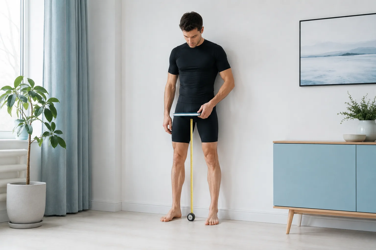 Inseam measurement: standing with your back against a wall, pressing a book level into the crotch, measuring from the floor to the top of the book