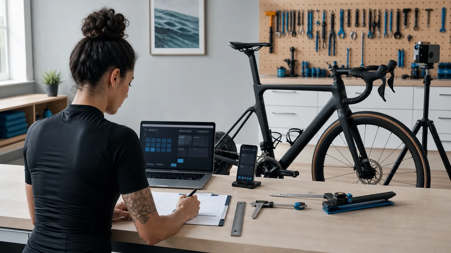 Workshop staff reviewing a measured bicycle setup and hand-off record.
