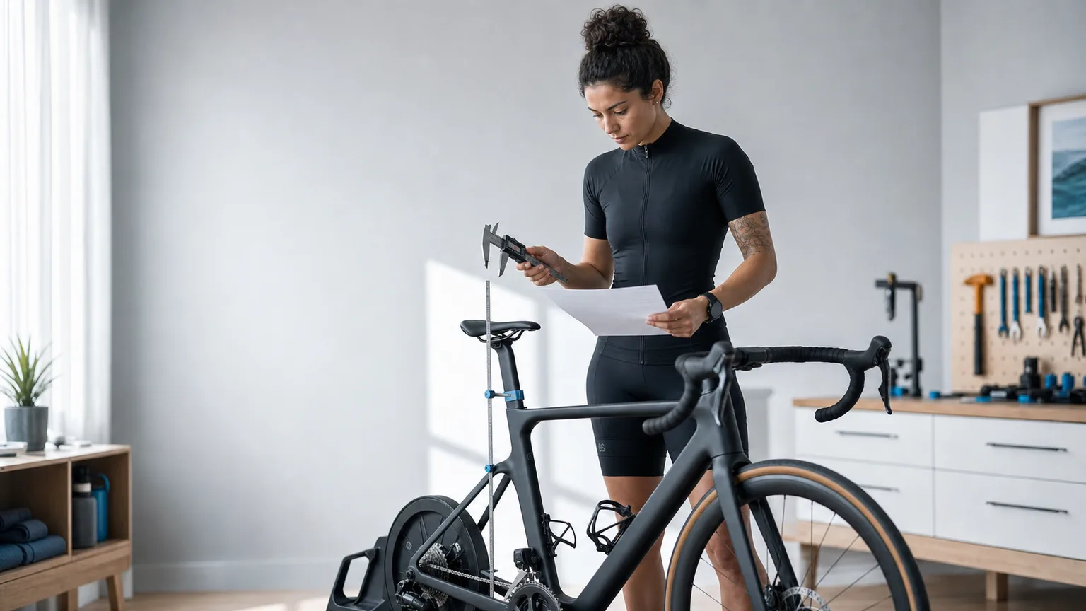 Bike fitter comparing a physical saddle measurement with a research reference in a bright workshop.