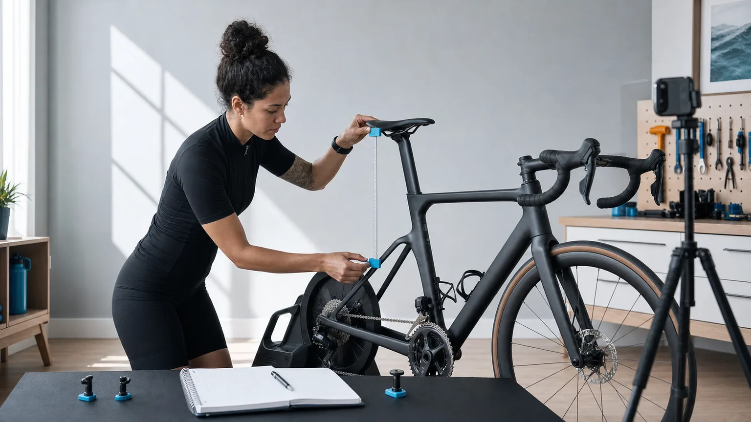 Bike fitter repeating a saddle-height measurement from the same physical references.
