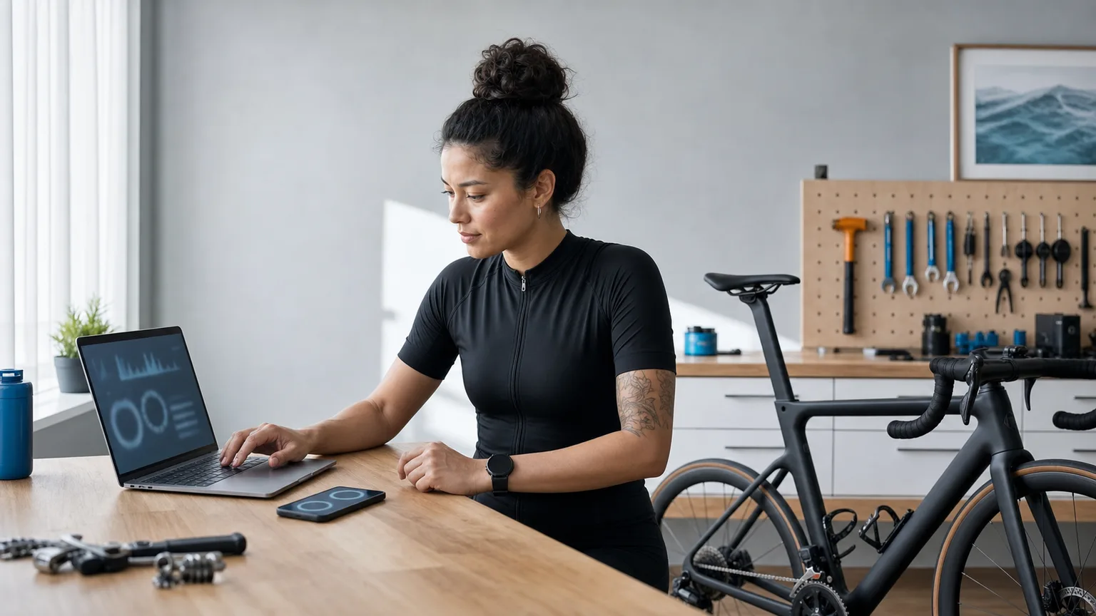 Cyclist reviewing locally stored bike-fit records on a private laptop beside the bike.
