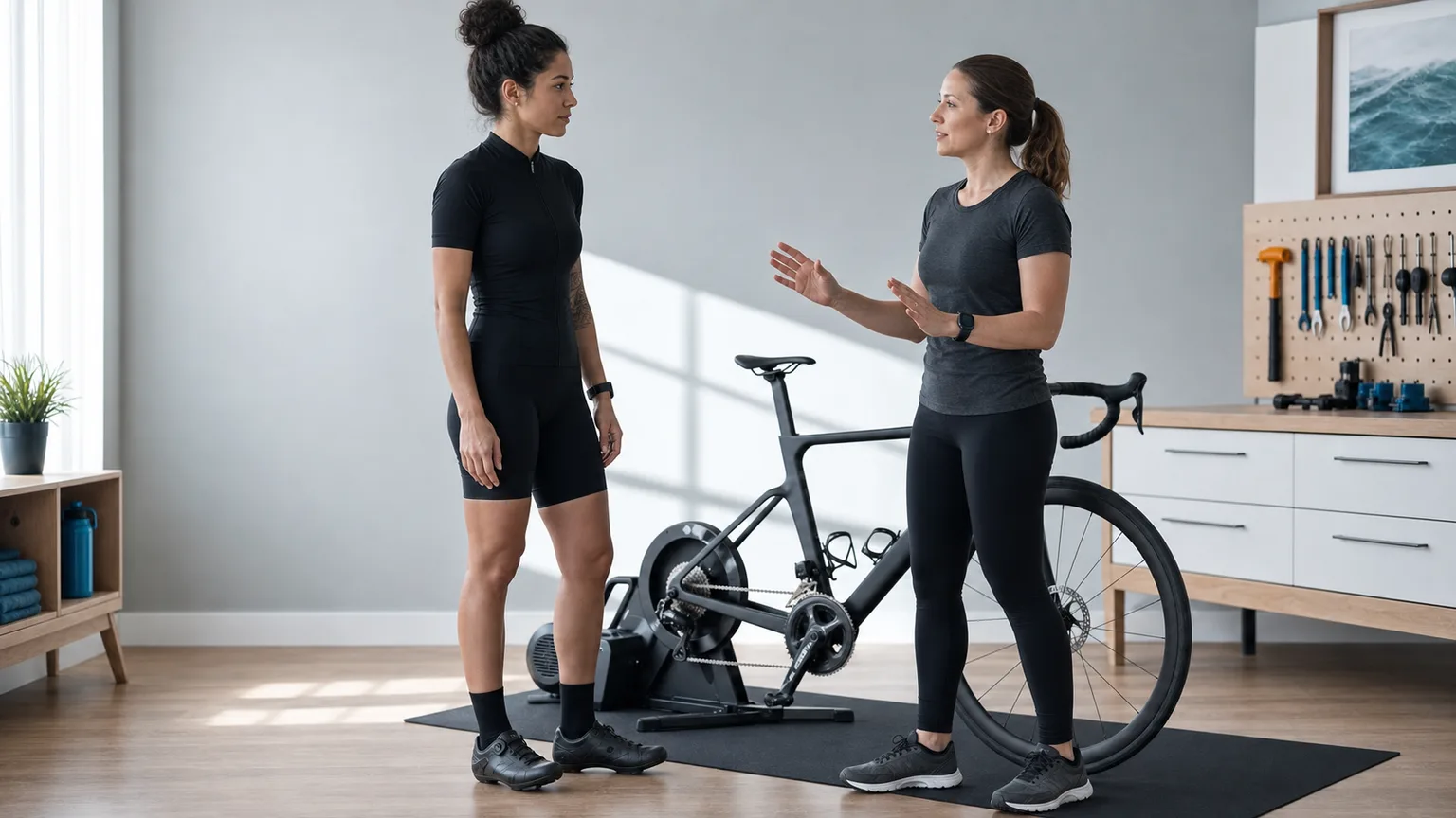 Cyclist pausing a fitting conversation after a safety concern instead of continuing the adjustment.