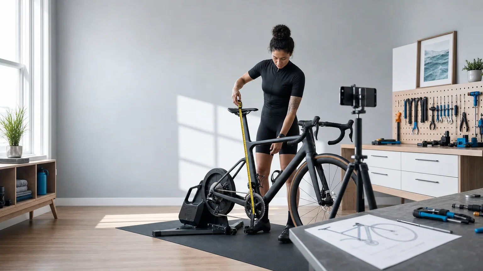 Cyclist measuring saddle height beside a trainer-mounted road bike, phone tripod and organised bike-fit workbench.