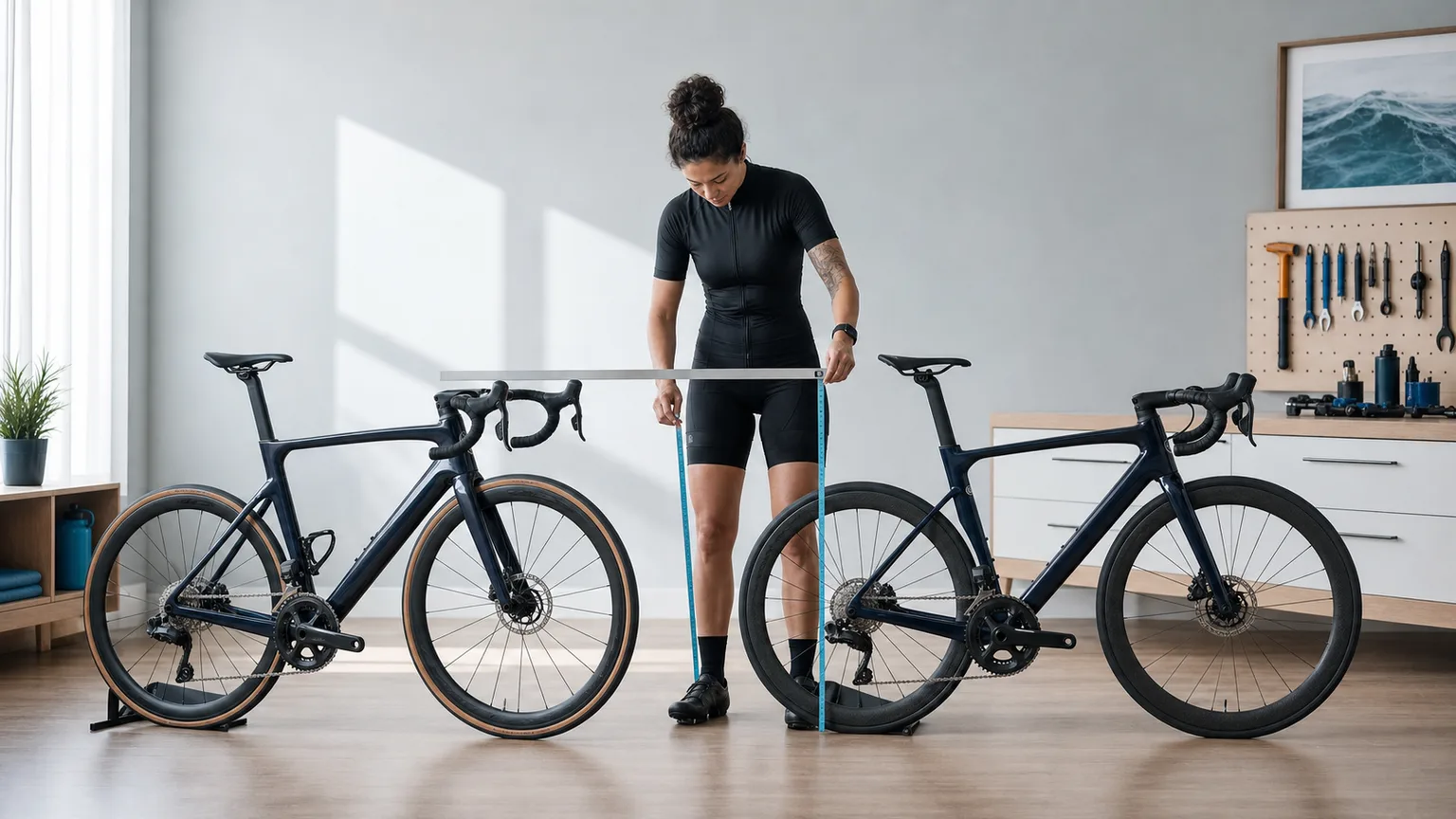Two complete road bicycles aligned for a real physical geometry comparison.