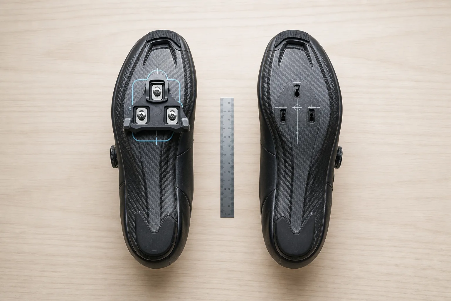 Two cycling-shoe soles show an original cleat reference and comparison coordinate.