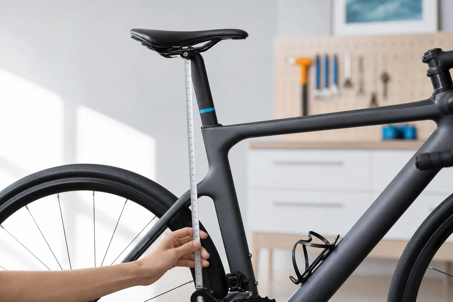 Physical saddle-height datum measured on a graphite road bike.