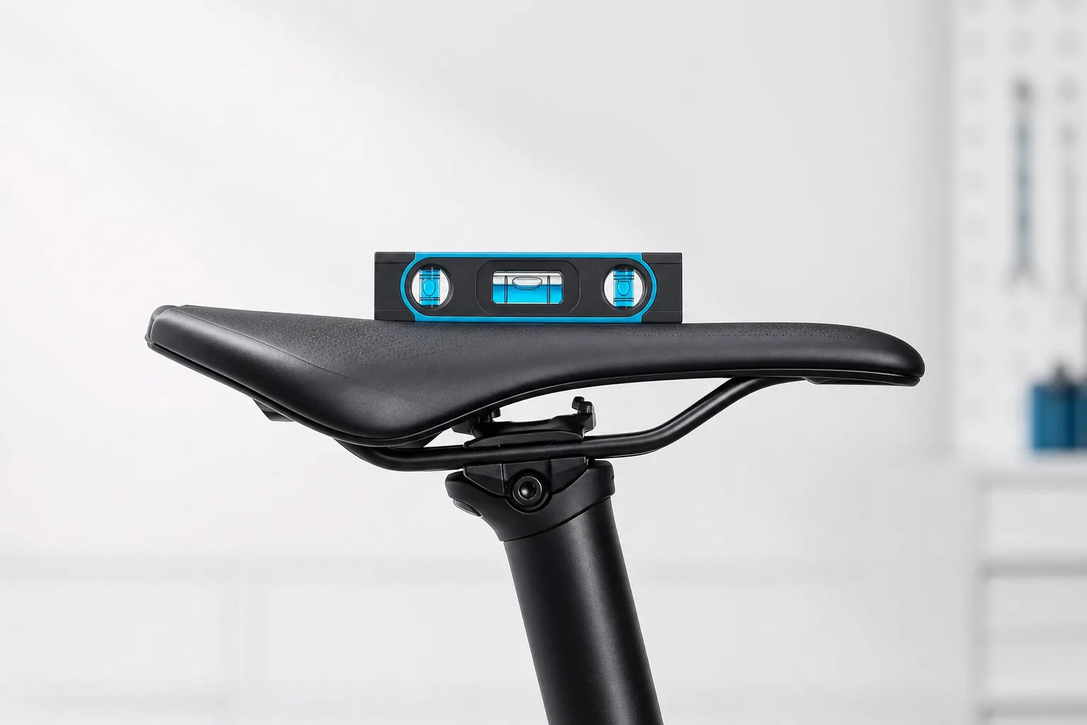 A compact level rests on the declared bicycle saddle datum.