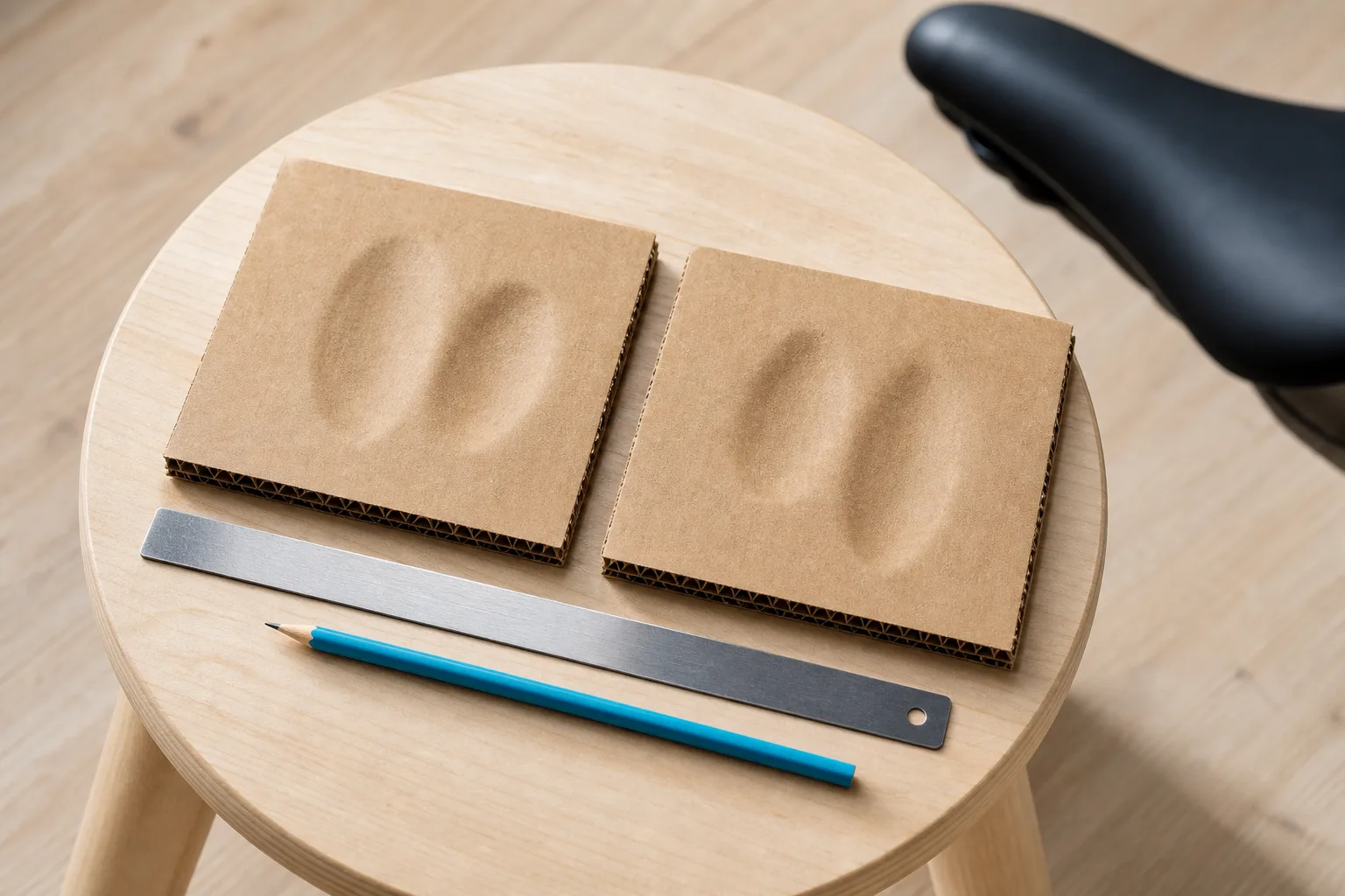 Two independent cardboard sit-bone impressions prepared with a ruler.