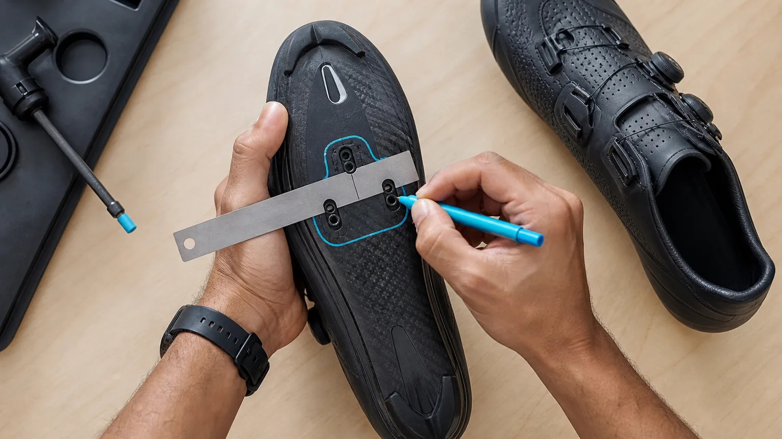 Hands trace an original cycling-cleat perimeter in cyan and align a steel ruler through the bolt axis