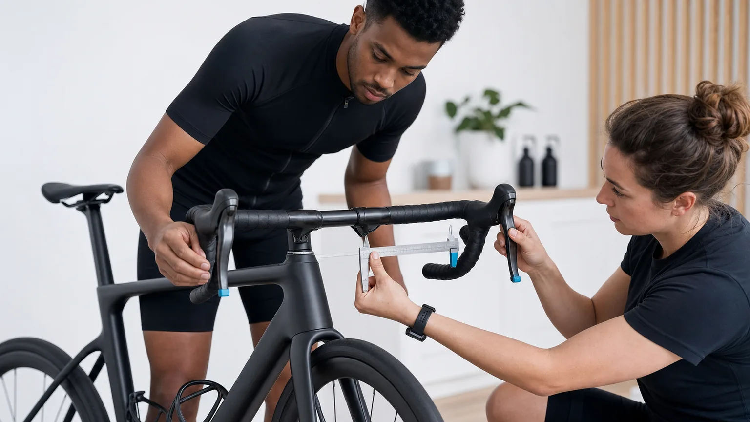 A cyclist and fitter compare mirrored brake-lever gaps with a caliper and small cyan datum tabs